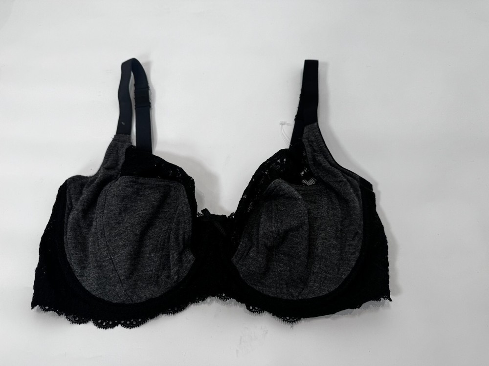 F&F Bra Underwired Nonpadded Cotton Lace Detail Bra Size 34DD Black Grey
