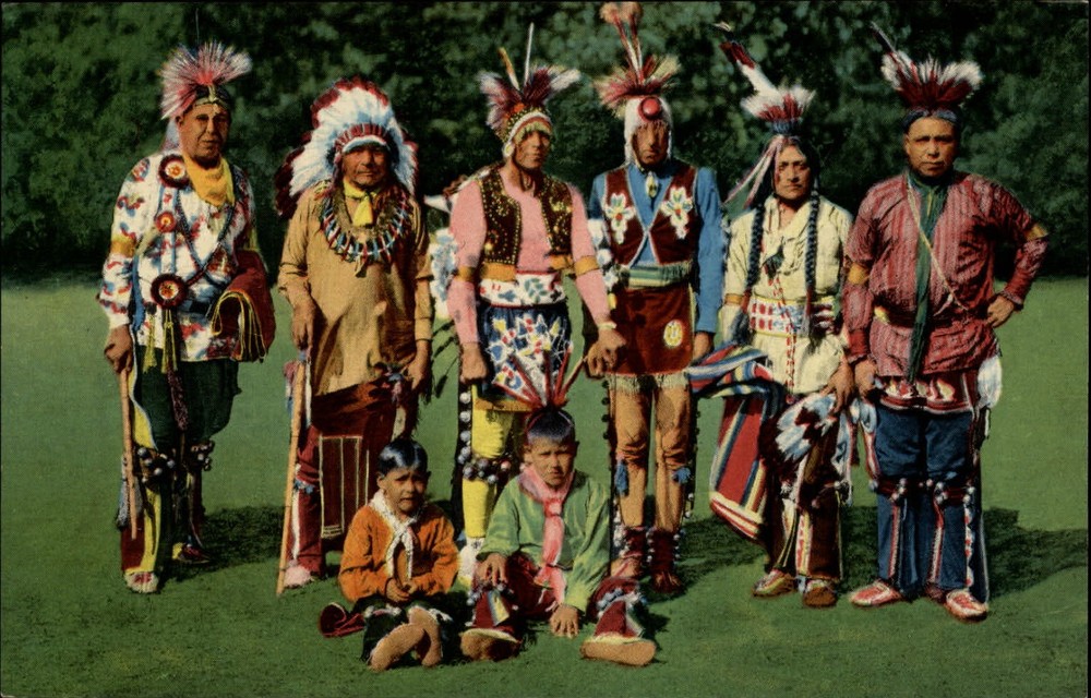 Oklahoma Native men & boys full regalia ethnic dress unused vintage postcard
