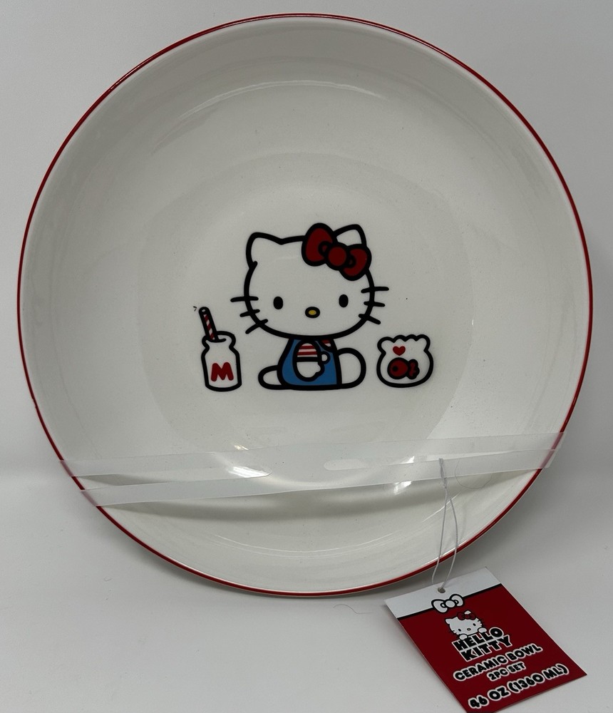 New Set Sanrio Hello Kitty Milk & Fish Ceramic 46 Oz Pasta Bowl, Plate 9
