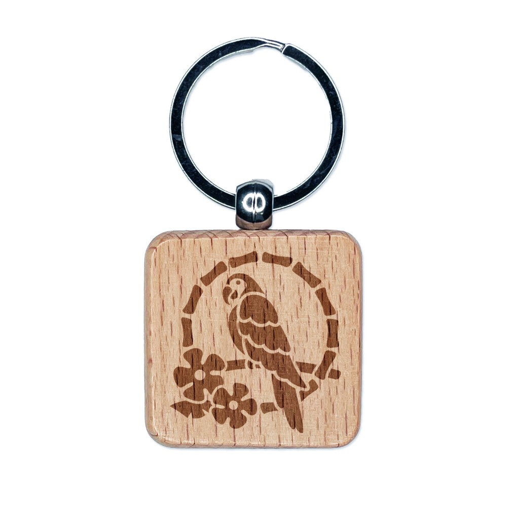 Colorful Tiki Parrot Engraved Wooden Keychain Charm with Square Tag