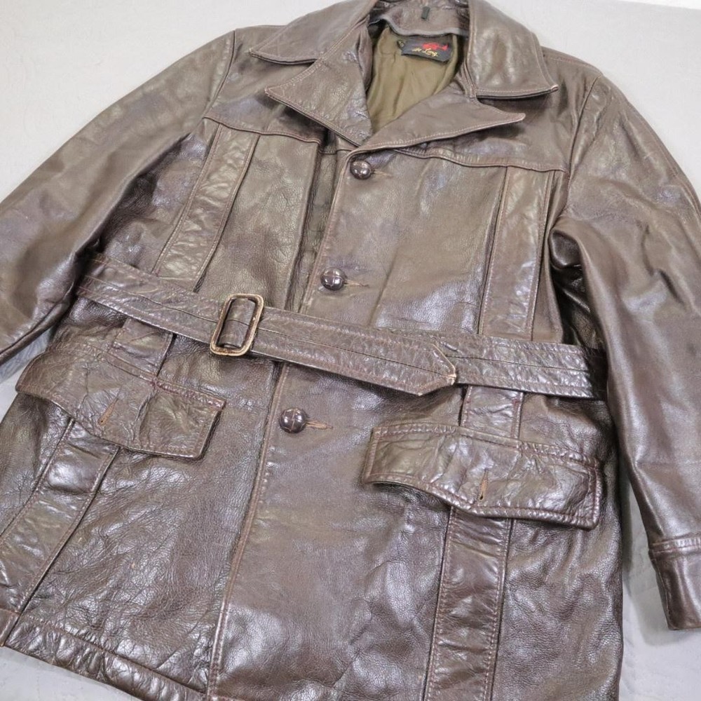 Vintage DeLong Leather Mid Long Jacket Mens 40 Brown Belted Wood Button 60s 70s