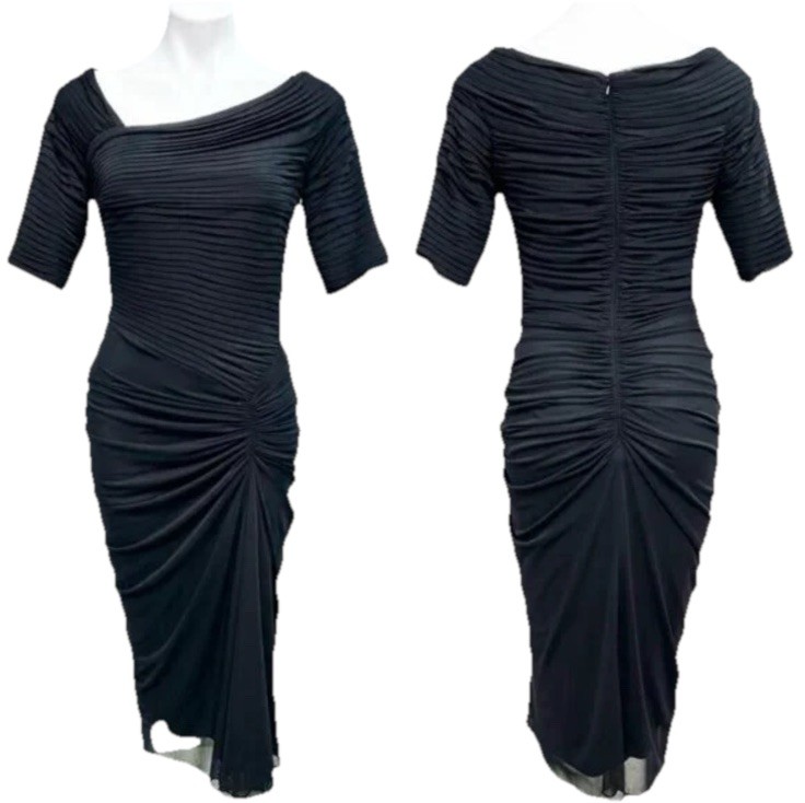 Tadashi Shoji Asymmetrical Dress Small S Black Womens Ruched Neck Short Sleeve