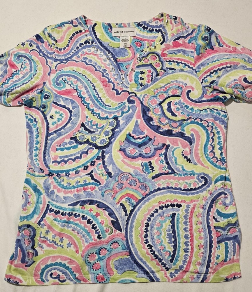 Alfred Dunner Paisley Print Embellished V-Neck Short Sleeve Top Size S