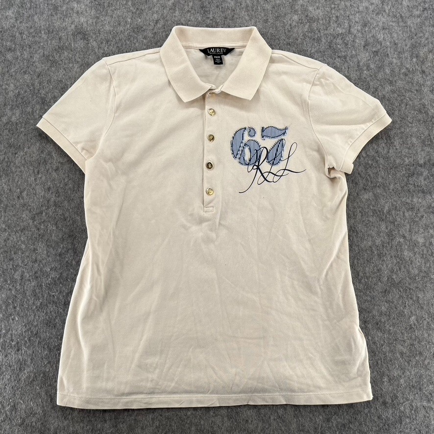 Lauren Ralph Lauren Polo Shirt Womens Embroidered 67 Short Sleeve Ivory Size PM