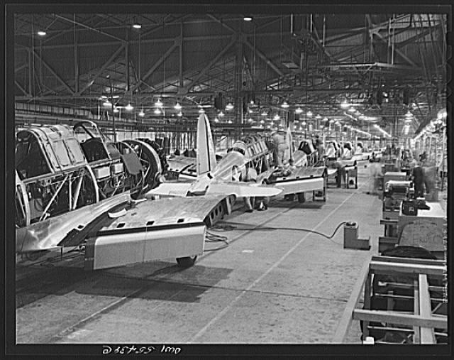 Photo:Aircraft Assembly Plant Factory Interior 1940s Military Planes