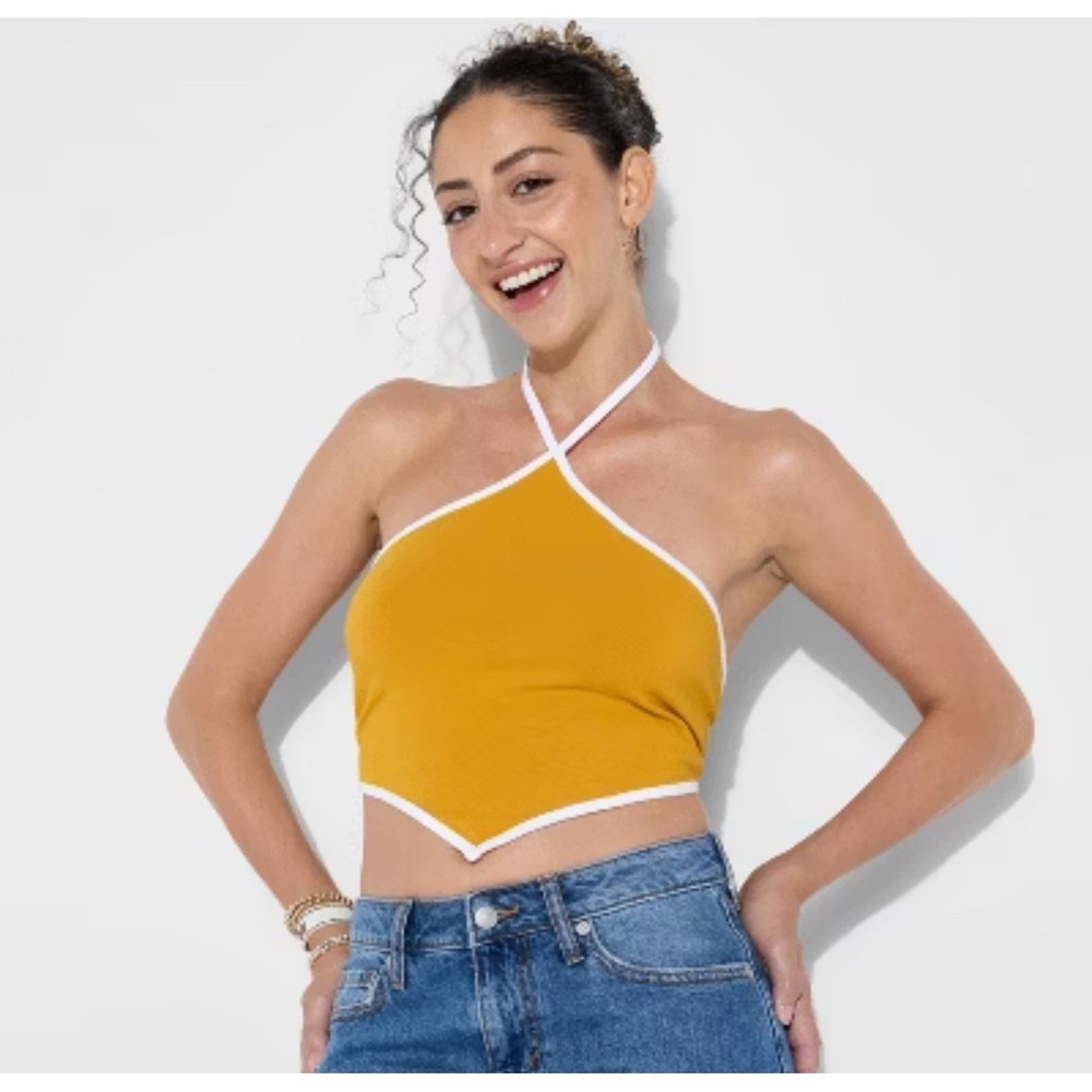 Wild Fable Yellow Handkerchief Halter Top White Ringer Trim Small Sporty Retro