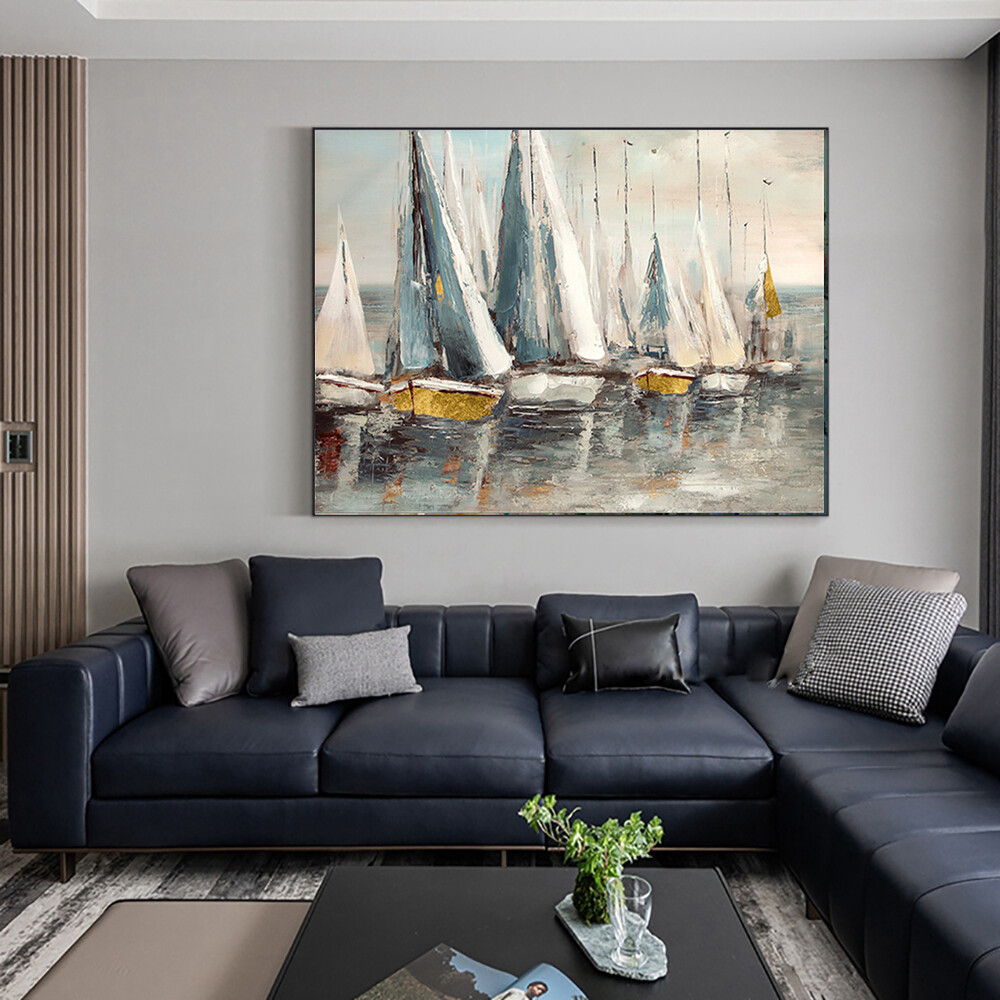 Artwork Hand Painted Abstract Sailing Boat Oil Painting On Canvas Wall Art