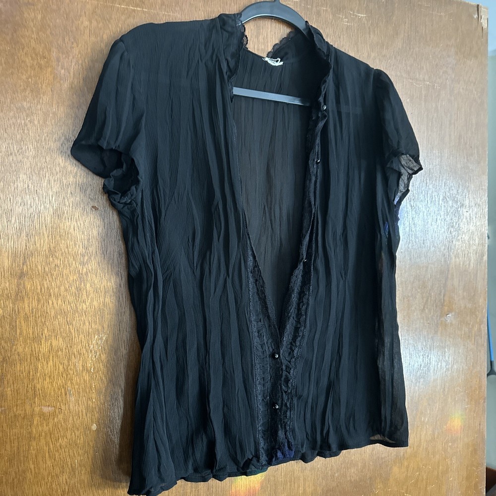 Women’s Black Polyester Casual Stretch Slim Sheer Lace Openwork Size M Blouse