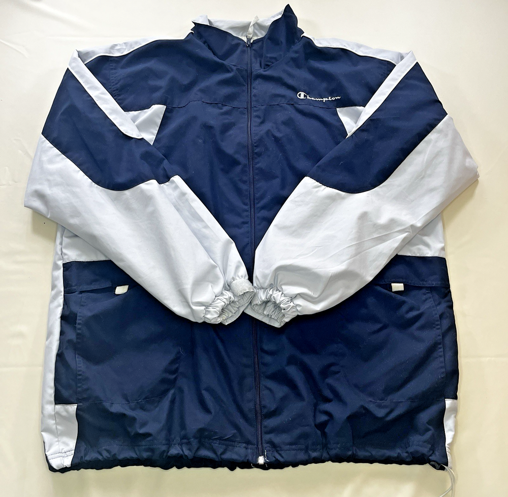Vintage Champion Windbreaker Jacket Navy Blue White Colorblock Mens XL 90s Y2K