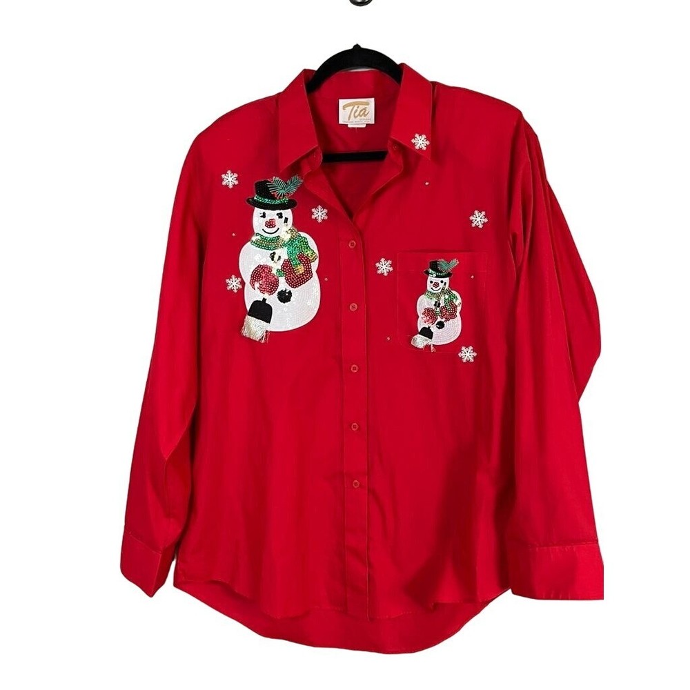 Tia Shirt L Red Santa Holiday Sequin Retro Western Christmas Top