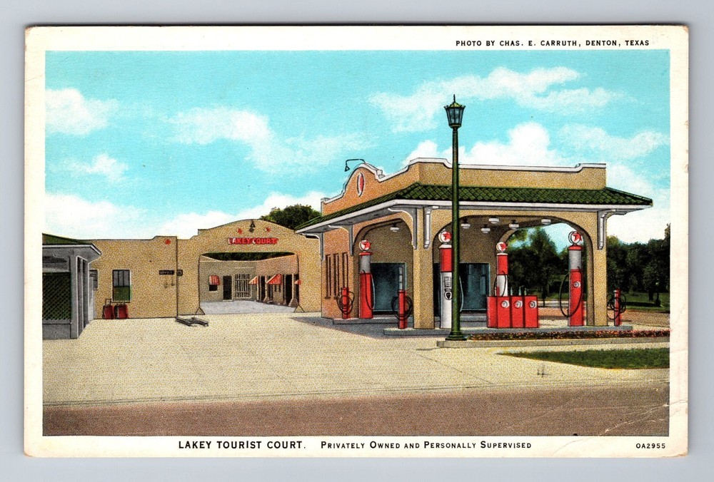 Denton TX-Texas, Lakey Tourist Court, Texaco Gas Station, Vintage Postcard