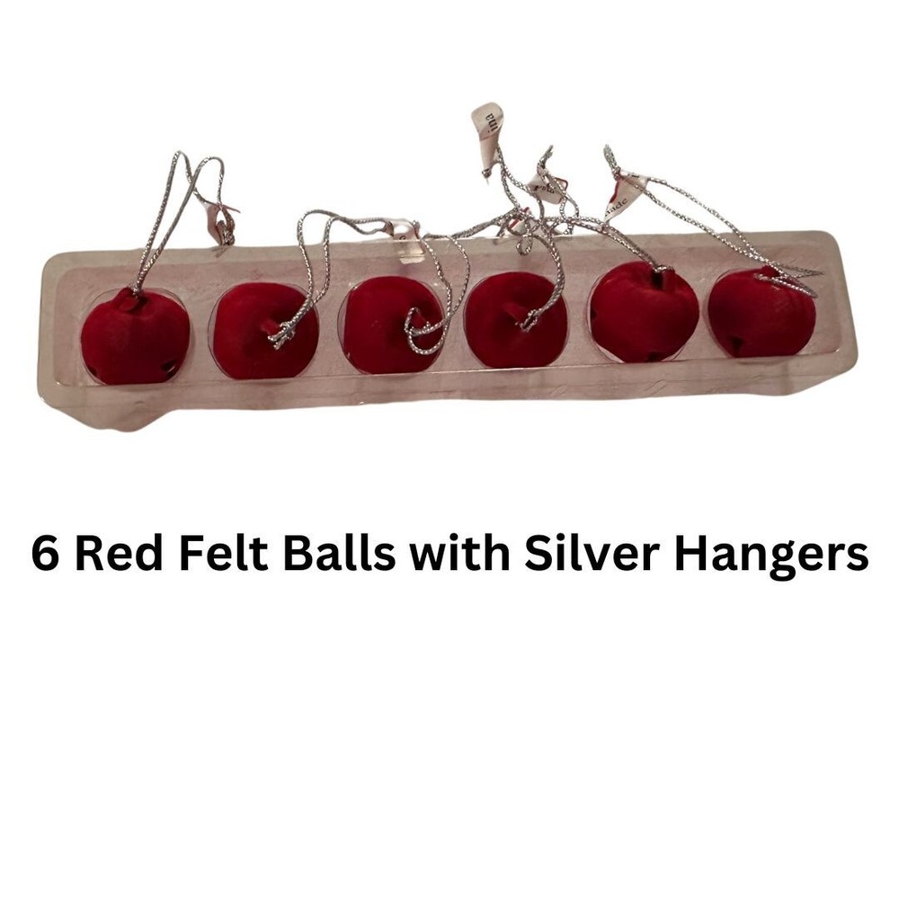 Vintage Red Felt Christmas Ornaments with Silver Hangers - Set of 6
