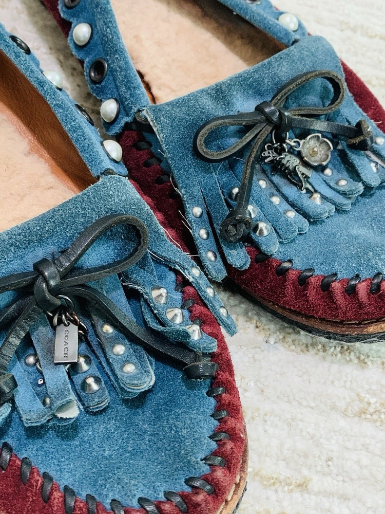 Coach Women's Flats Suede Moccasin Tassels Charms Slip On Loafers US 8.5