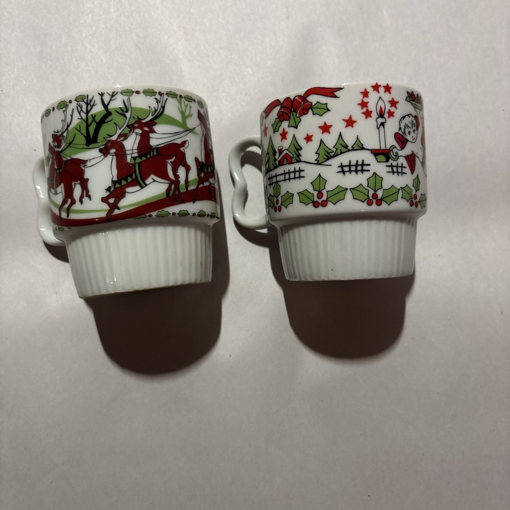 Set of 2 Vintage 70's Stacking Mugs Christmas Angel Santa Bells Retro Japan