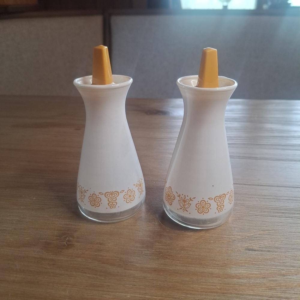 Vintage Pyrex Butterfly Gold Salt & Pepper Shakers - Mustard Yellow Lids - MCM