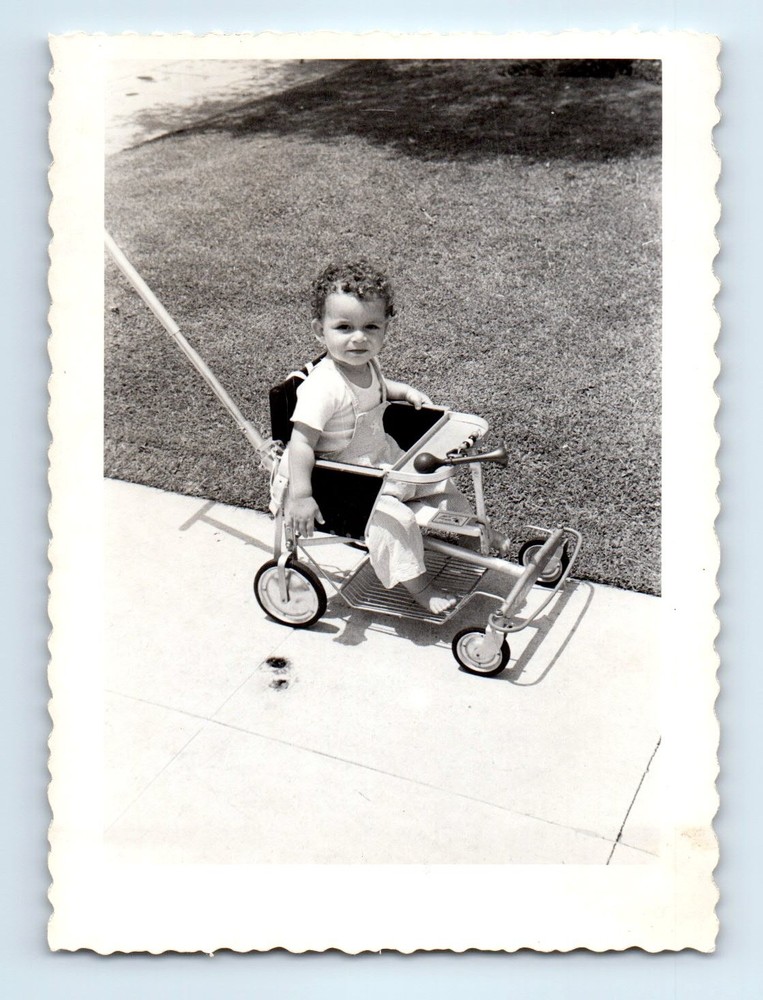 Old Vintage Photo SOLO BOY IN STROLLER ON SIDEWALK FOUND PHOTOGRAPH PICTURE