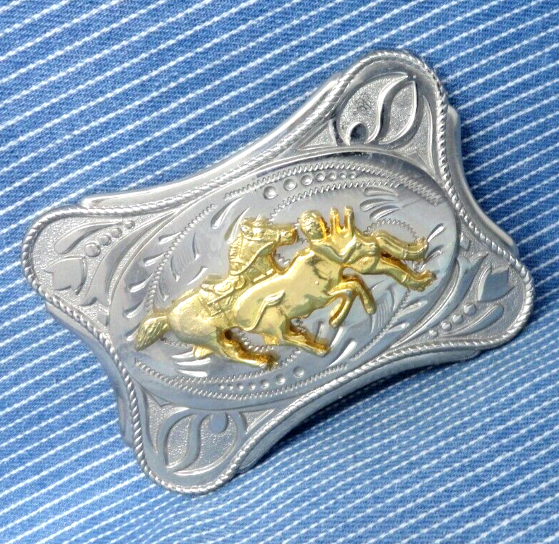 Cowboy Western Steer Wrestling Belt Buckle Rodeo Bulldogging Vintage 80s .BMW791