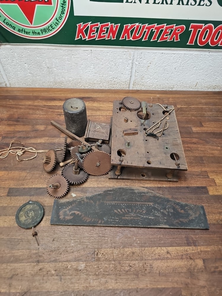 K73- Antique wood clock parts - gears, weights, etc - estate find