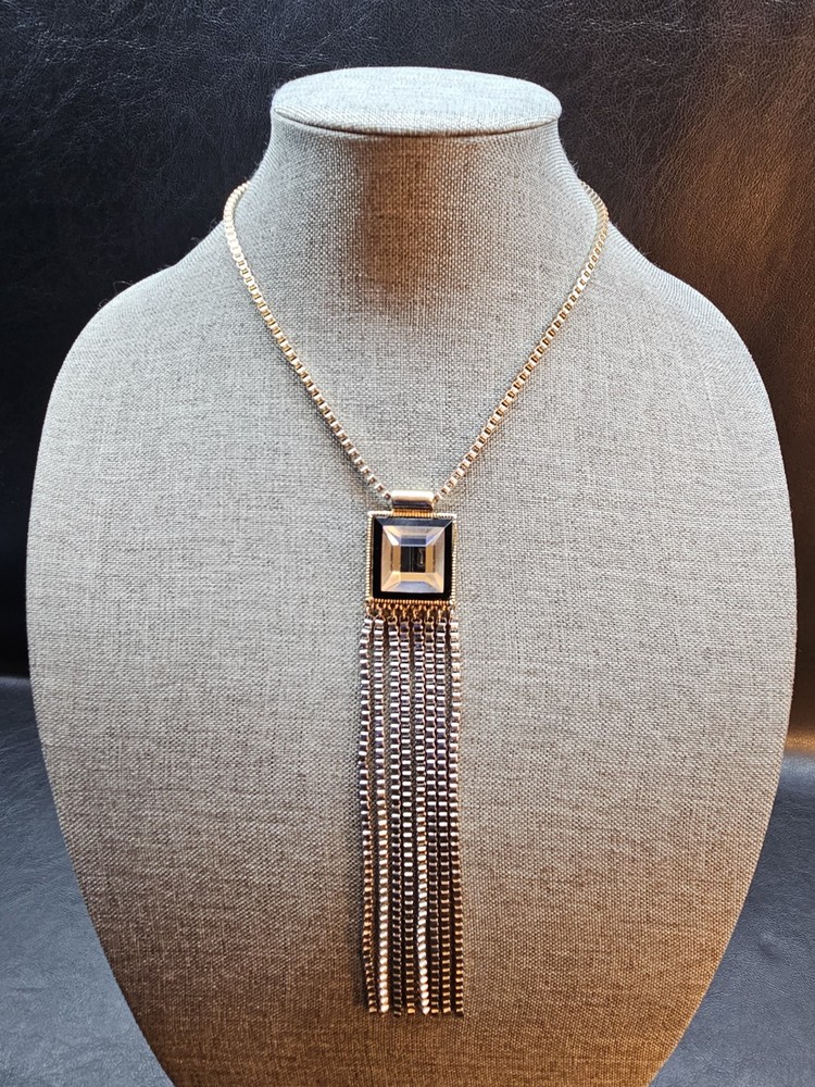 Vintage Gold/Silver Tone Square Pendant Long Tassel Statement Necklace 17