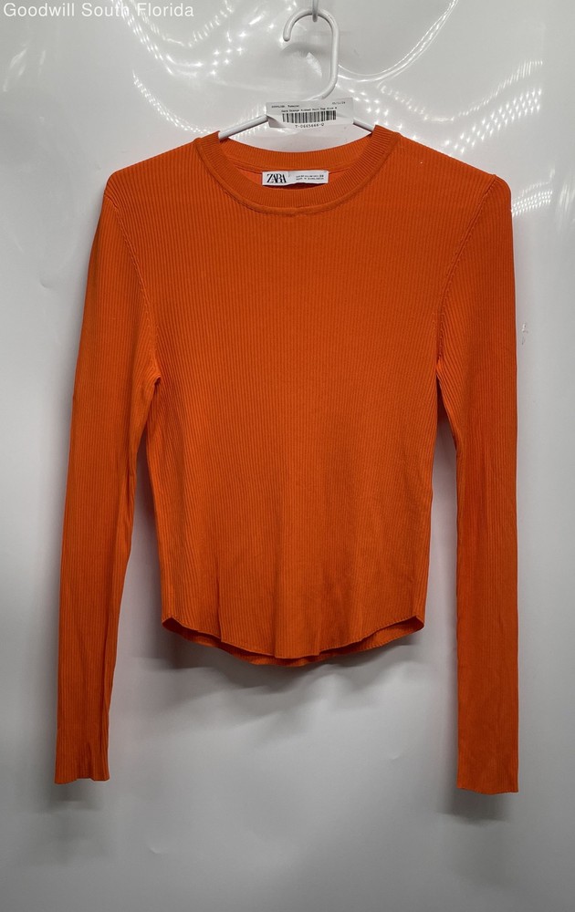 Zara Womens Orange Ribbed Knit Long Sleeve Crew Neck Pullover Blouse Top Size M