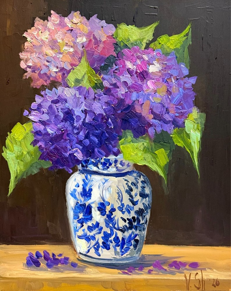 Hydrangea Floral Original Oil Painting Art Impasto Flower Still Life 8x10 in