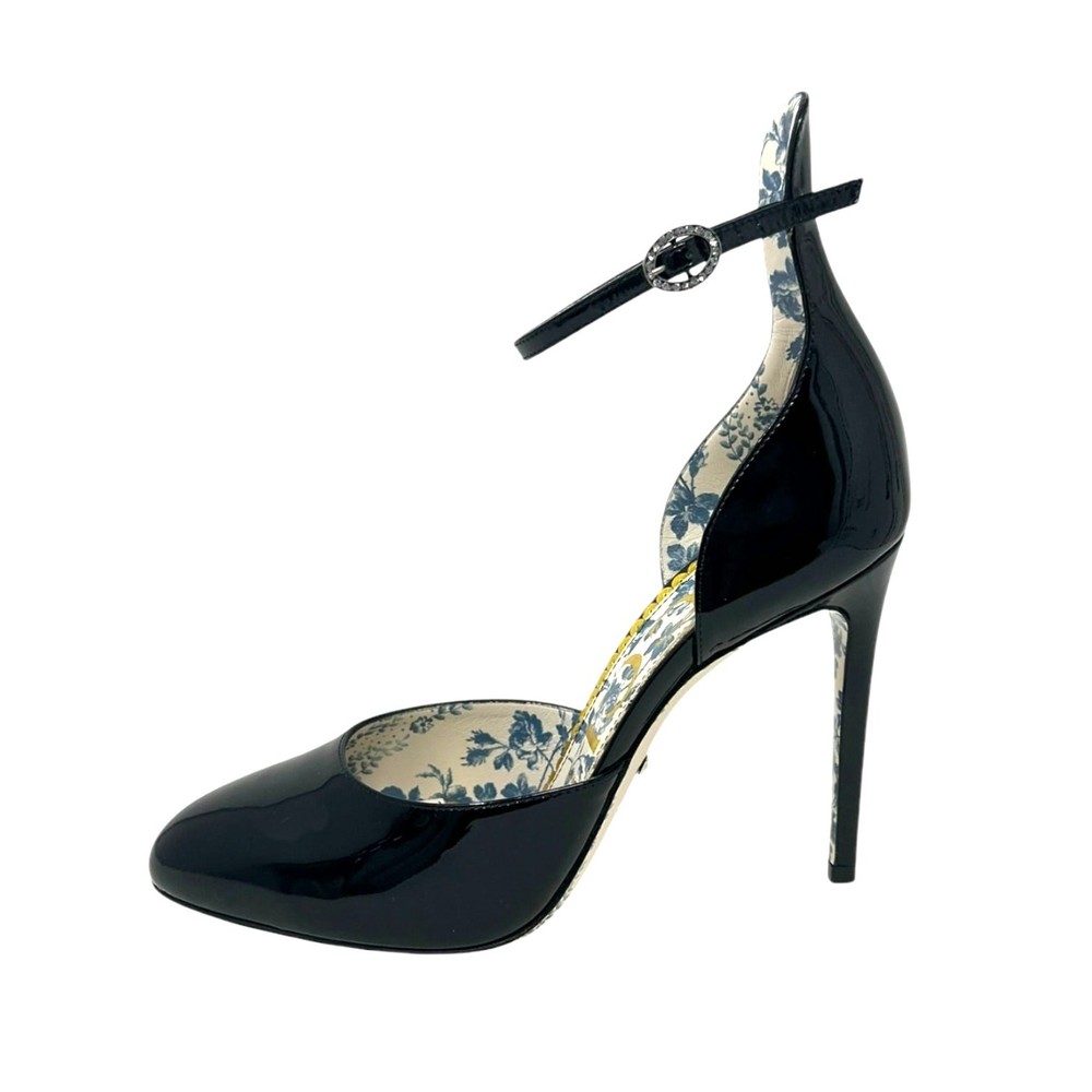 Gucci Daisy Crystal Ankle D'Orsay Pump in Black Patent Leather Size 38.5