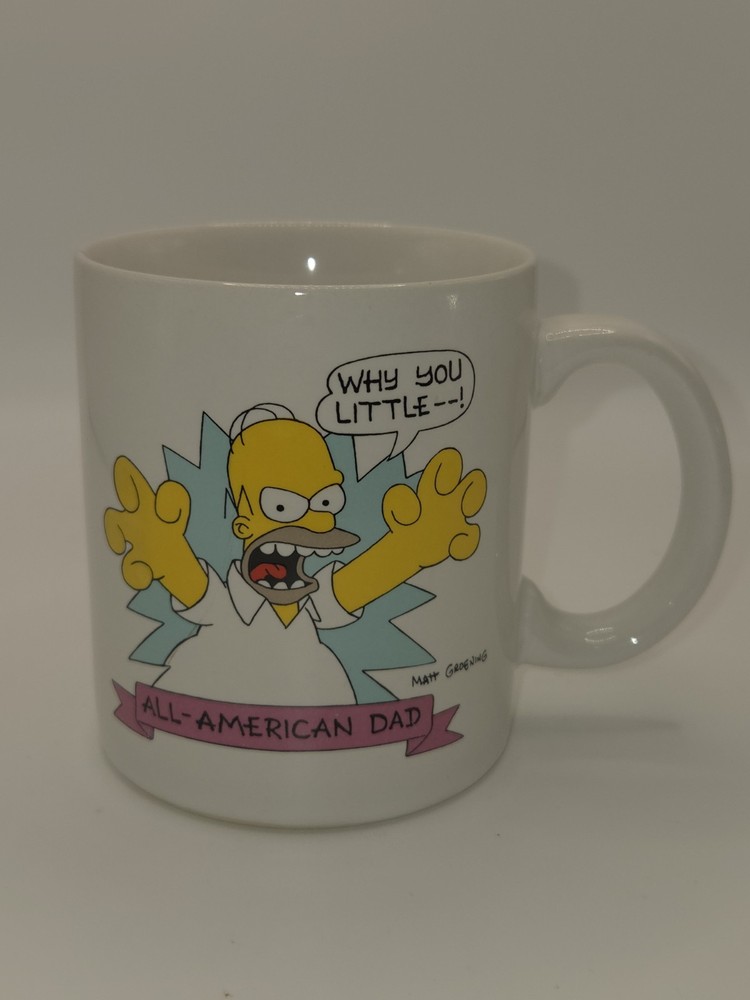 Vintage 1990 Simpsons Homer All-American Dad Coffee Tea Mug Cup WHY YOU LITTLE !