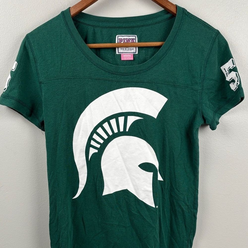 PINK Victoria's Secret MSU Green Short Sleeve Tee White Spartan Michigan State