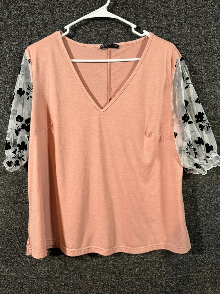 Shein Curve Womens Short Sheer Mesh Sleeve Blouse Top Peach Size 0XL