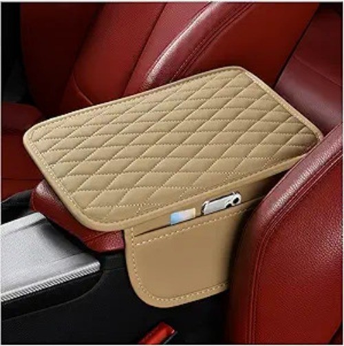 Center Console Cover, Lether Vehicle Armrest Seat Box Cushion Pa Color: Beige