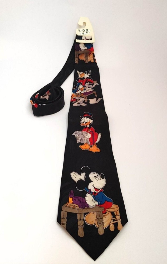 Disney 100% Silk Tie Mickey Mouse Scrooge McDuck Goofy Donald Duck Black Men NWT