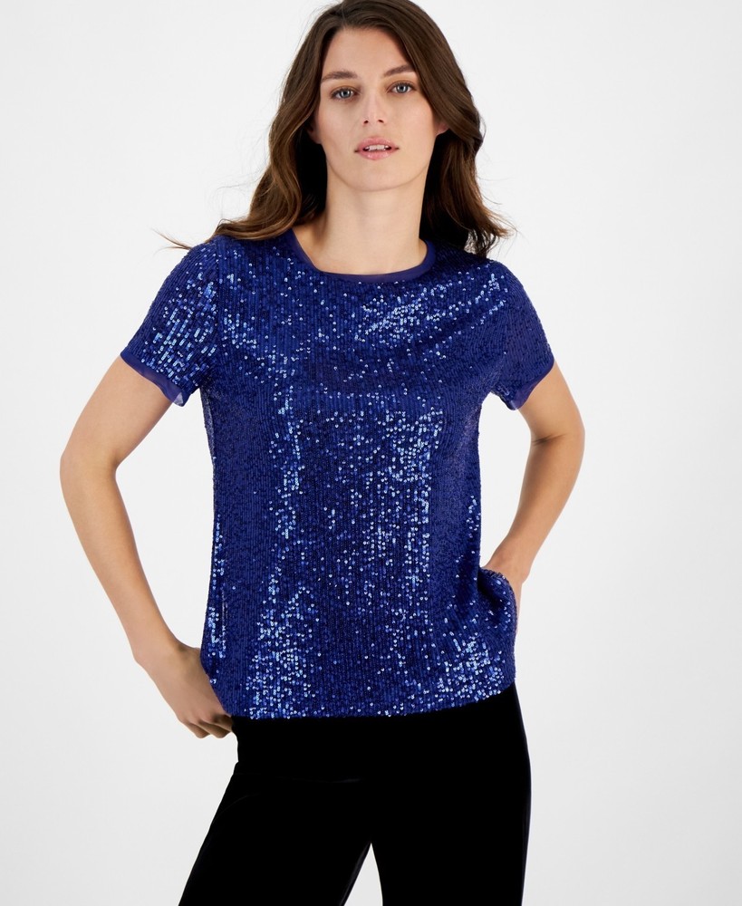 Anne Klein Women's Sequined T-Shirt Blue Size M 0590