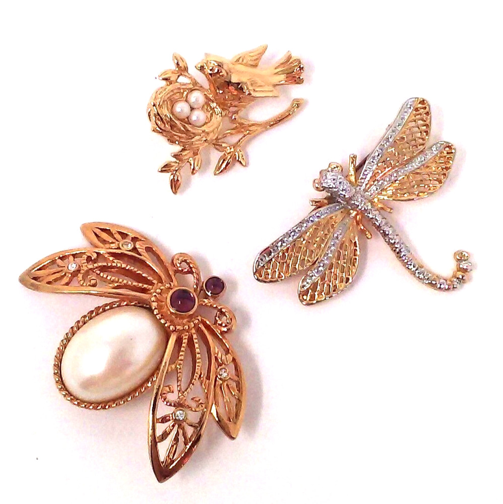 Vtg Lot of 3: Avon Pearl Bug Gold Tone Brooch Pin + Dragonfly & Bird Pearl Nest