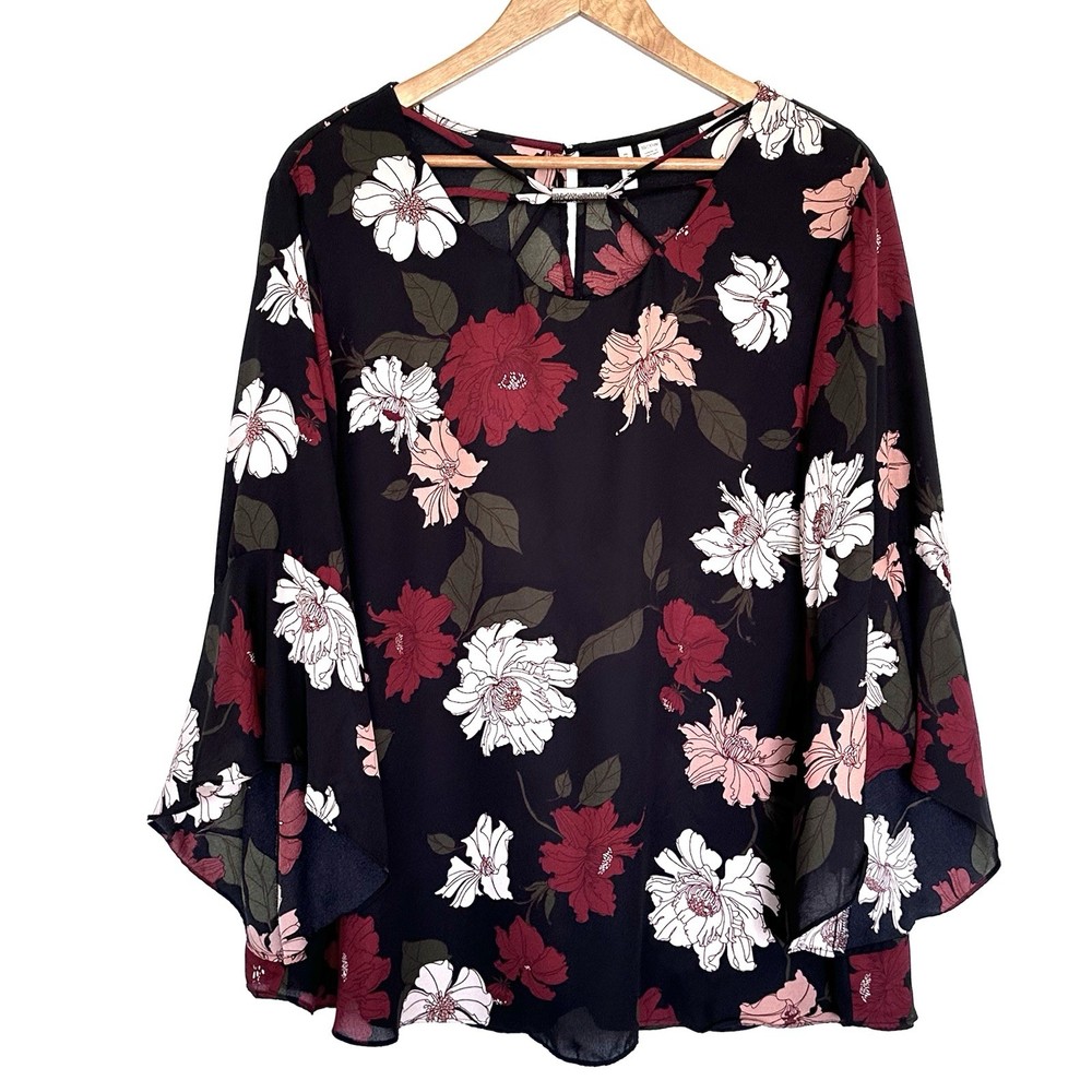 Cato Plus Shirt Women’s Size 18/20W Black Floral Boho Sheer 3/4 Bell Sleeve Top