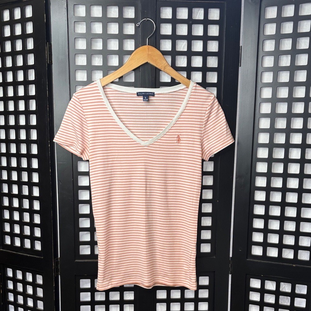 ❤️ Ralph Lauren Coral Striped V-Neck Tee Cotton Blend Short Sleeve Women’s Large