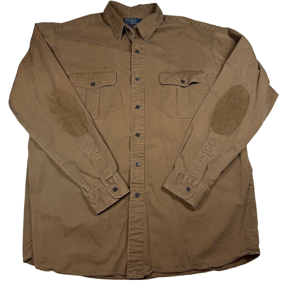 Polo Ralph Lauren Mens XL Brown Cotton Canvas Work Shirt Elbow Patches Vintage