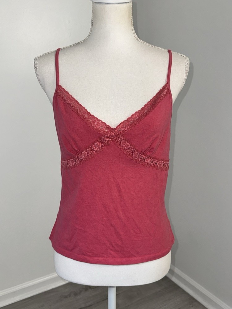 Caribbean Joe Pink Lace Trim Camisole Tank Top Large Y2K Built In Bra