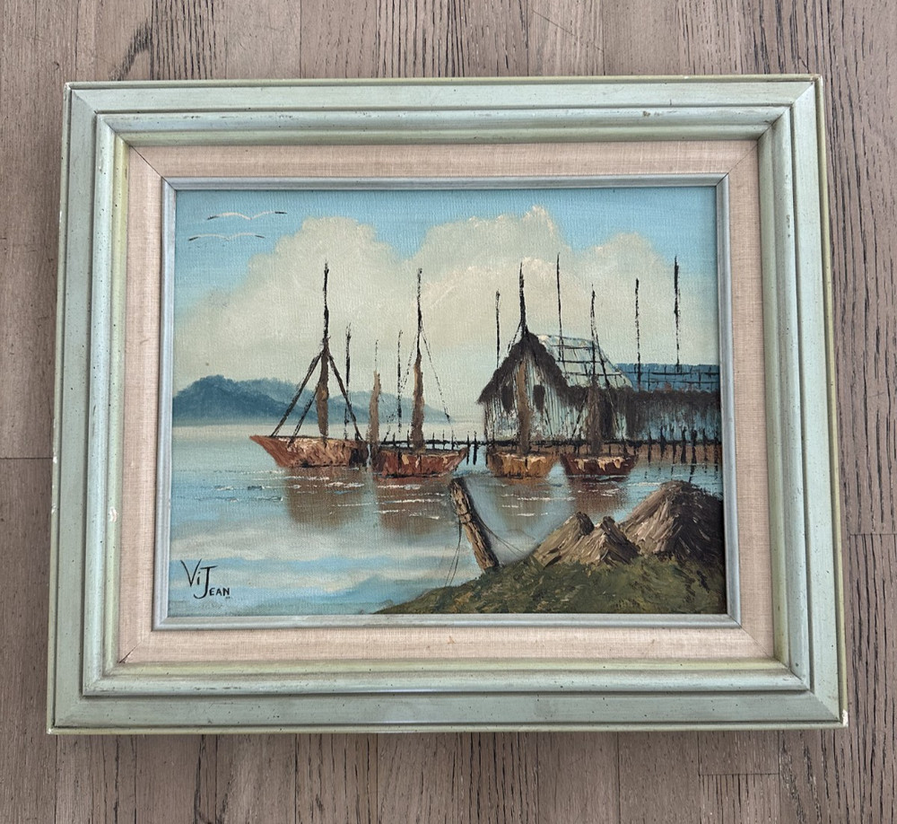 Vtg Mid Century Coastal Harbor Oil Painting Signed 