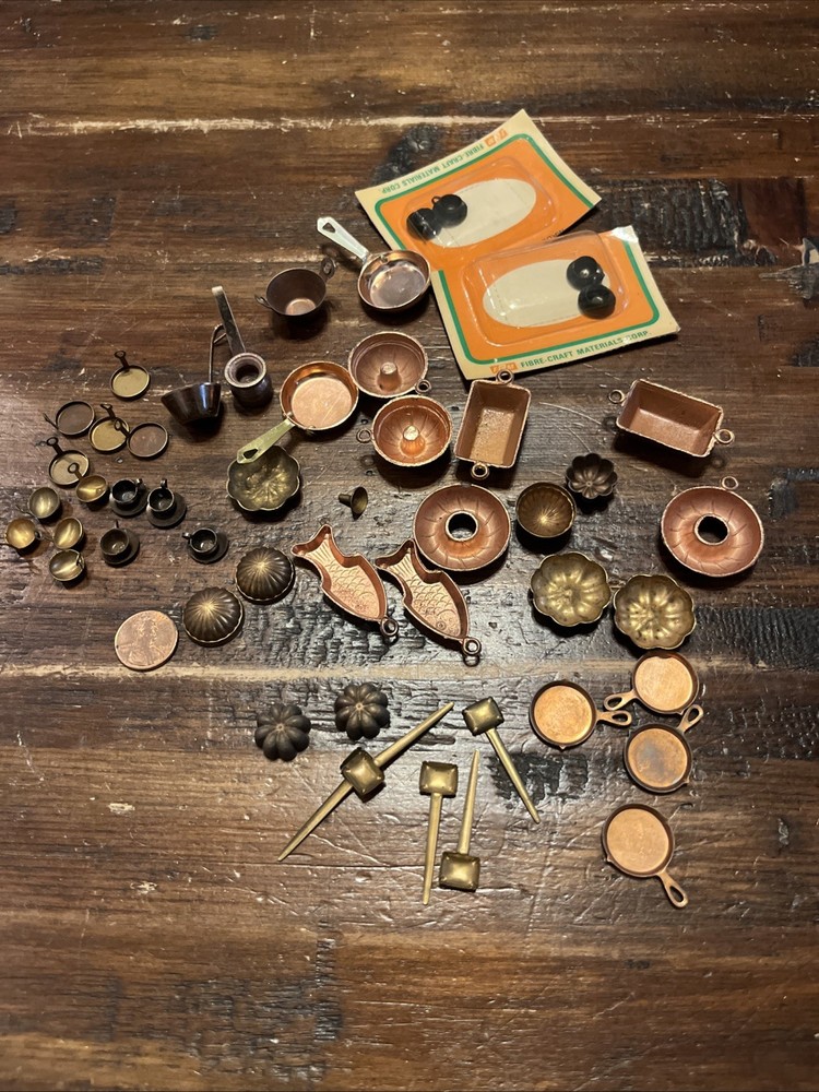 VTG 48 Pc Miniature Copper and Metal Accessories Lot, Dollhouse, Diorama Kitchen