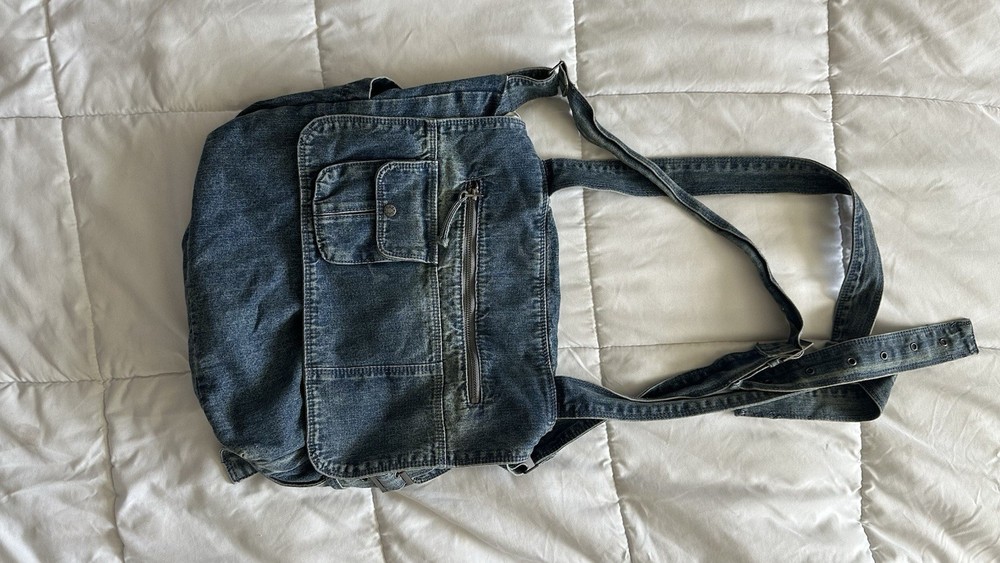 JADED London Washed Denim Messenger Bag, Multi-Pocket Y2K Streetwear