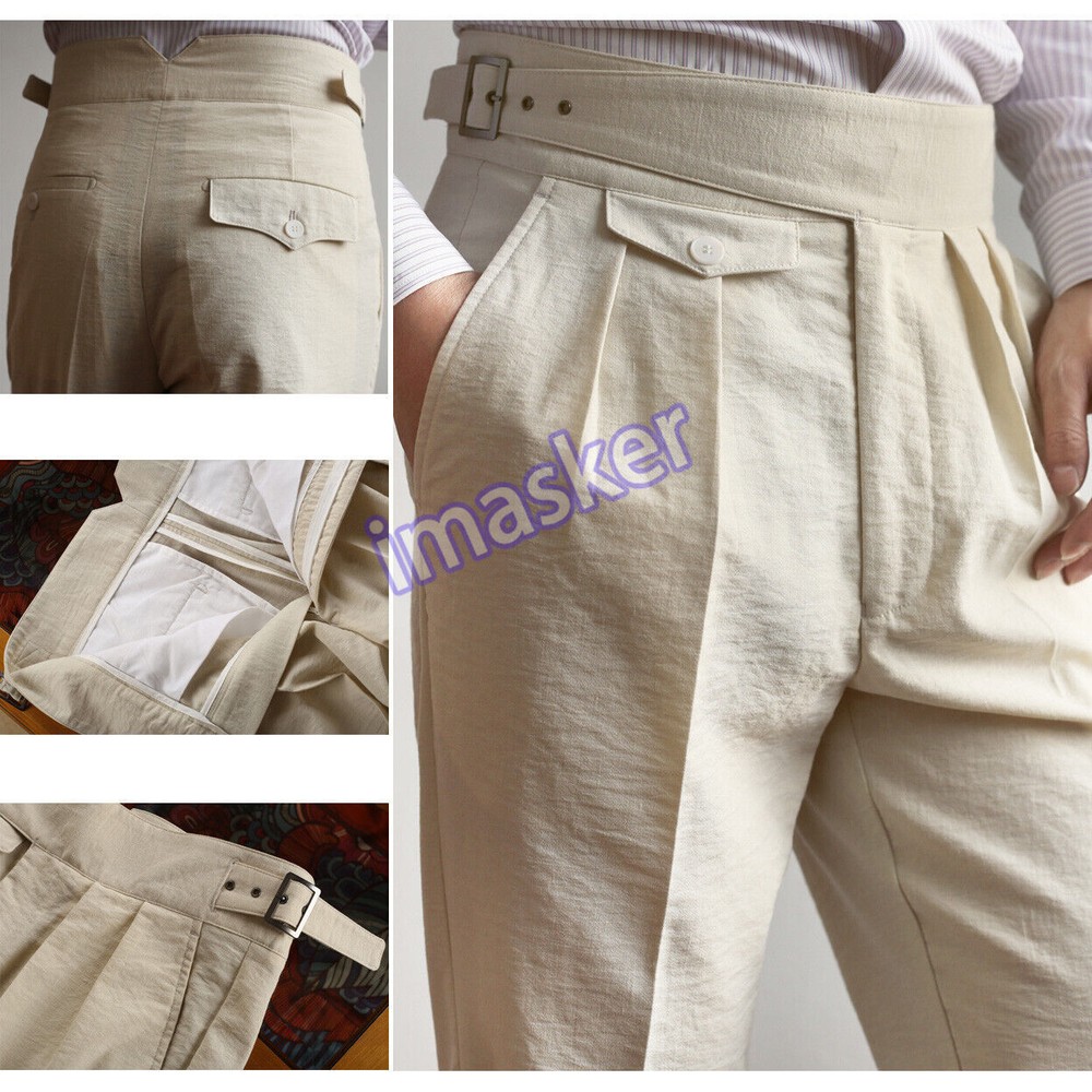 Summer Linen Retro Men's GURKHA Pants Casual Formal Trousers Straight High Waist