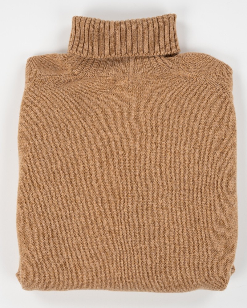 ISAIA Brown Turtleneck Sweater Timeless Camel Wool Rib Knit Slim Fit Pullover M