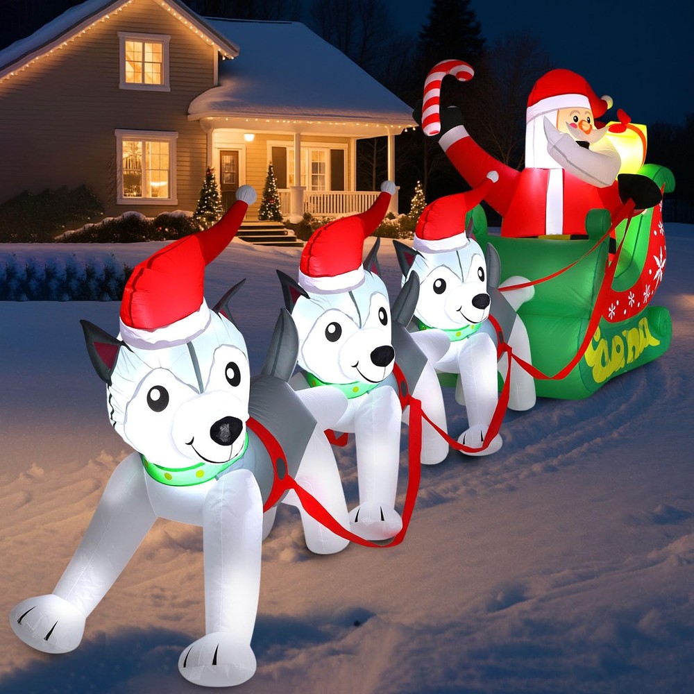 12FT Christmas Inflatables Santa on Sleigh Eskimo NEW LED Outdoor Decoration