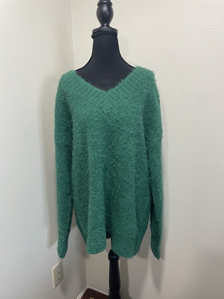 Aerie Women’s Green Solid Knit V-Neck Pullover Sweater Long Sleeve M