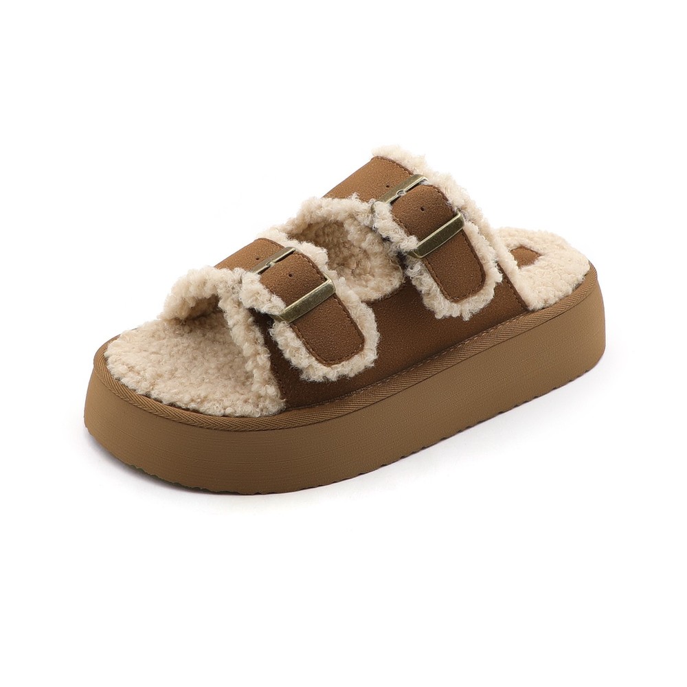 Lurnyet Platform Slippers Double Buckle Design with Sherpa Lining 2 Inch Sole