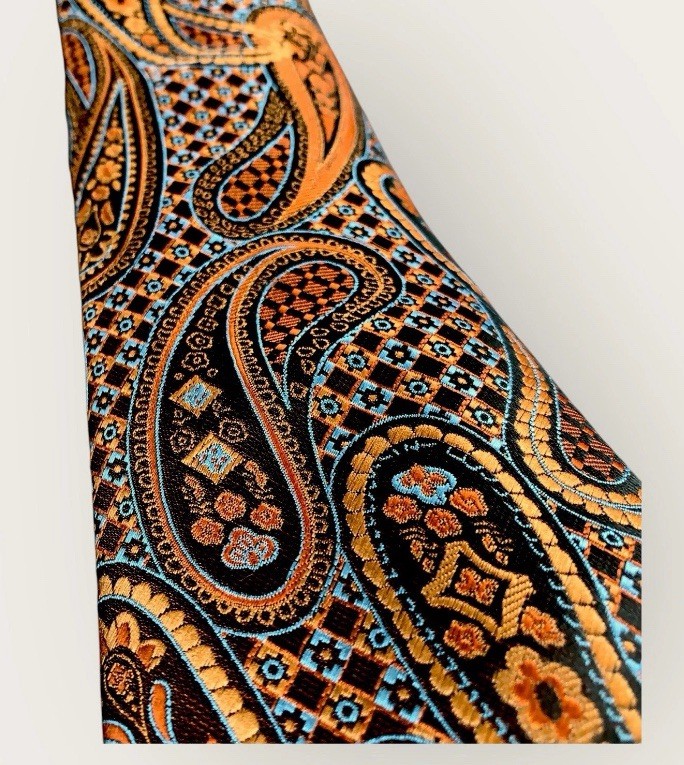 Luxury Silk Paisley Tie Lt. Blue Orange Black Classic Design Colorful Standout