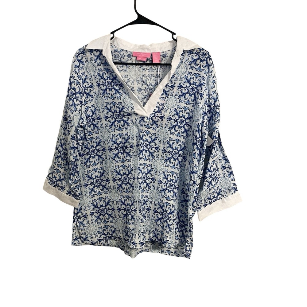 Isaac Mizrahi Top Womens M Blue White 100% Linen Tunic Lightweight Coastal NWT