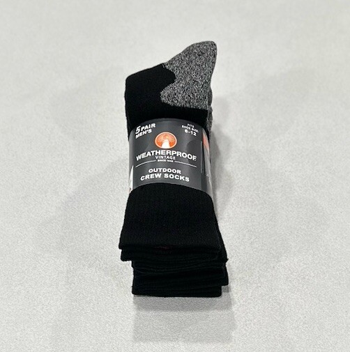 Weatherproof Vintage Men's Outdoor Wool Blend Crew Socks, Black, Shoe Size 6-12