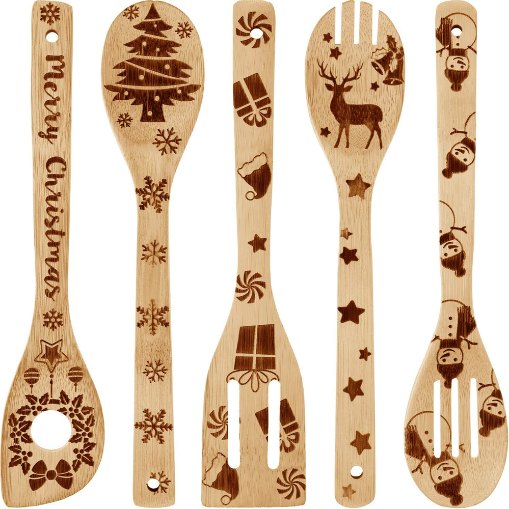 5 Pieces Christmas Wooden Spoons Set Christmas Utensils Burned Christmas Cooking