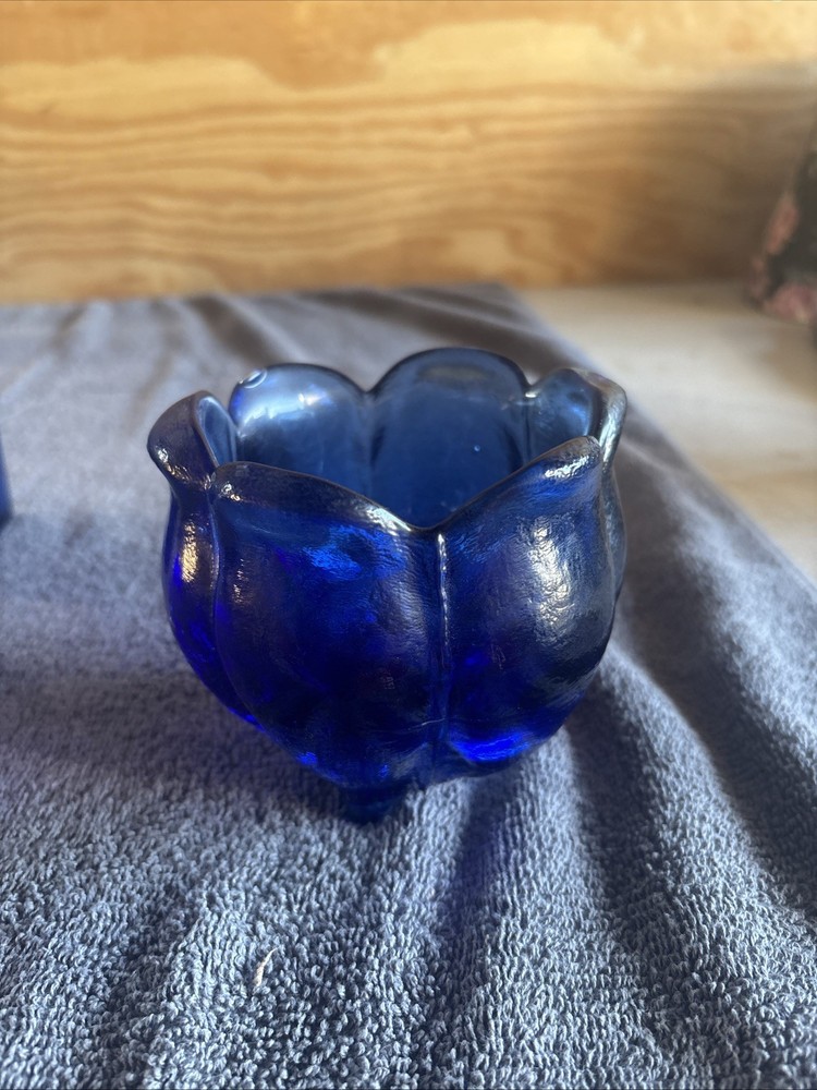 Cobalt Blue Recycled Glass 6 Petal Tulip Flower Shape Votive Candle Holder Spain